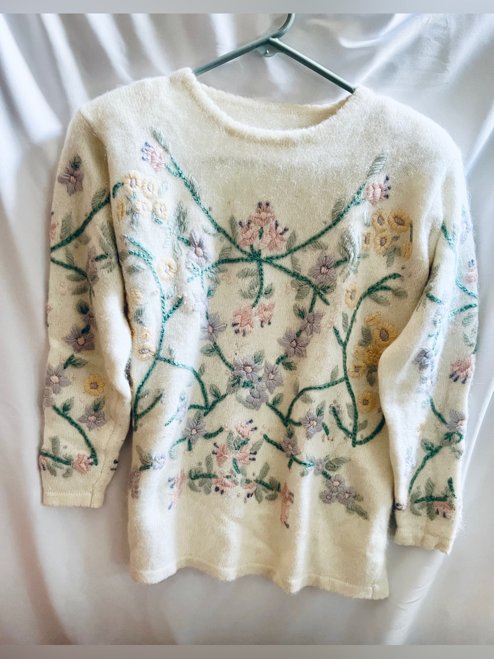 Vintage Floral Knit Sweater Cream Pastel Coquette Grandma Cottagecore Large